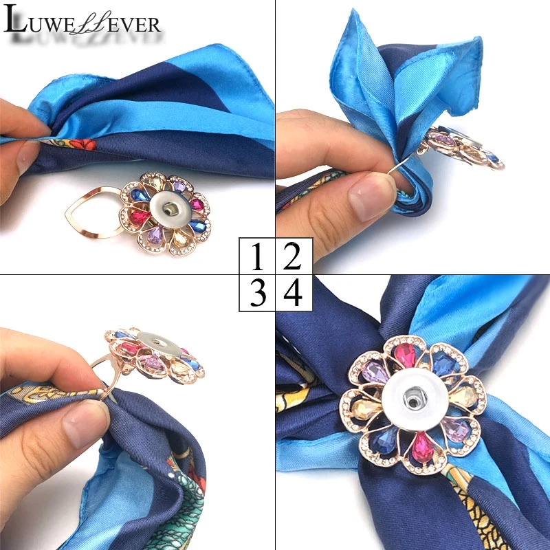 Luwellever Interchangeable 022 Rhinestone Flower Brooch Fit 18mm Snap Button Scarf Buckle Scarf Clips For Women Jewelry Gift