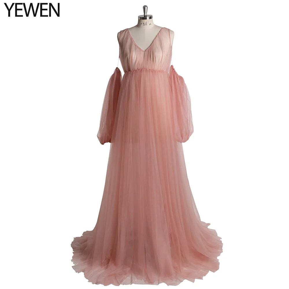 Cute Pink Tulle  Elastic Band on Waist Detachable Sleeves Maxi Dresses for Women Maternity Dresses for Photo Shoot YEWEN