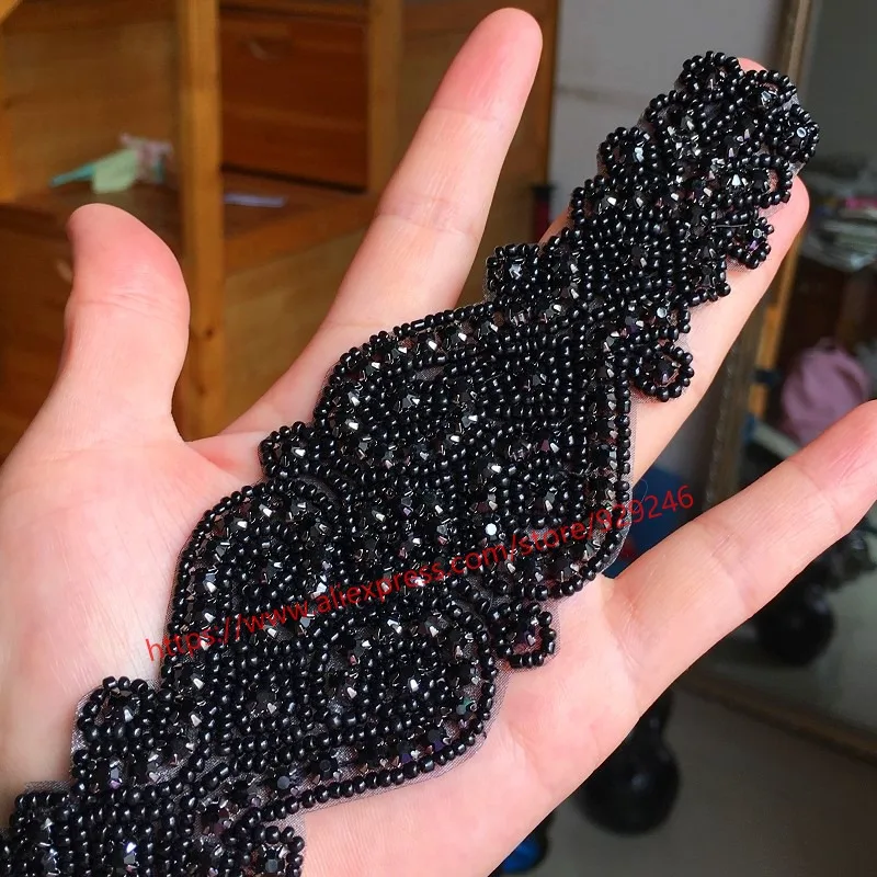 fashion black beads crystal applique for garments and dress accessory long black rhinestone flower beads trims for clothes waist