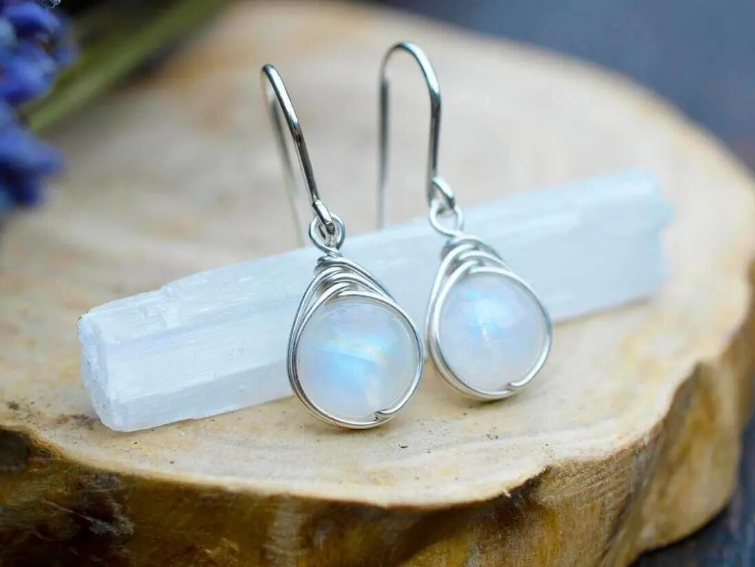 Fashion Wedding Party Pendant Earrings Natural Moonstone 25 Sterling Silver Women's Pendant Earrings Long Earrings