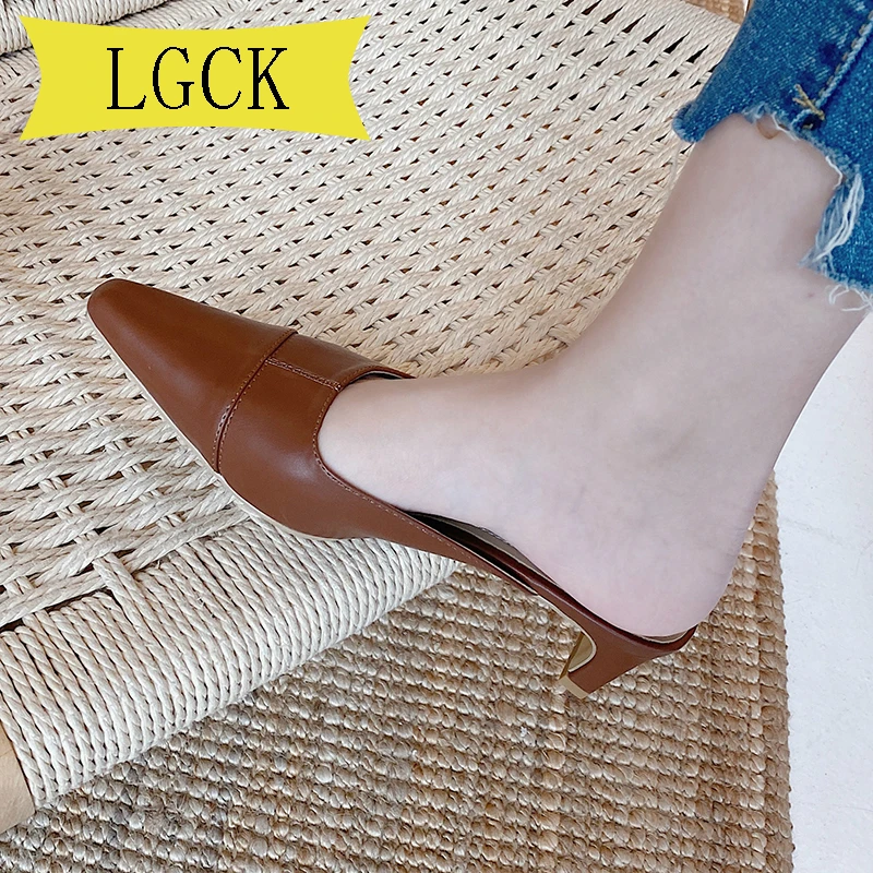 

Plus Size 34-40 Cowhide Women Genuine Leather Slippers Summer Shoes Women's High Heels Pumps Woma Sexy Pointed Toe Slippers New