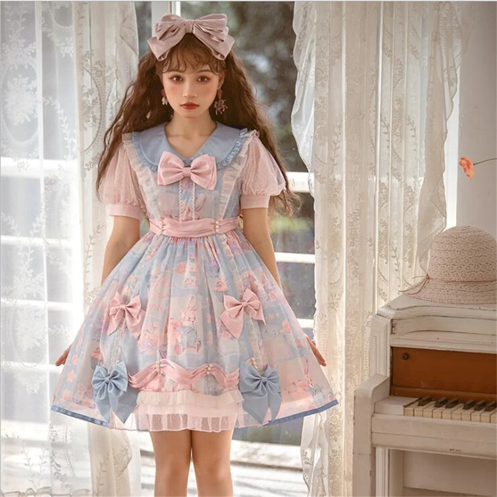 Ngọt Nhật Bản Palaca Công Chúa Sakura Lolita Đầm Cos Loli Tiệc Trà Nữ Tay Ngắn OP Đầm Kawaii Nơ Vestidos