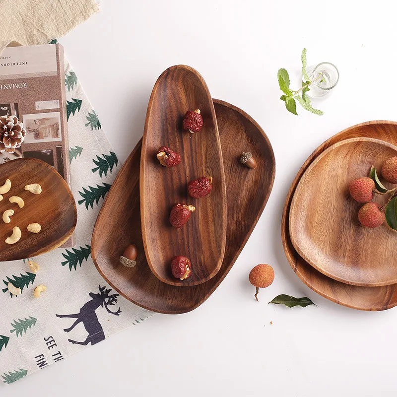 Wooden Tea Tray Acacia Oval Rectangular Irregular Solid Wooden Tea Plate Serving Table Plate Snacks Food Storage Serving Dish