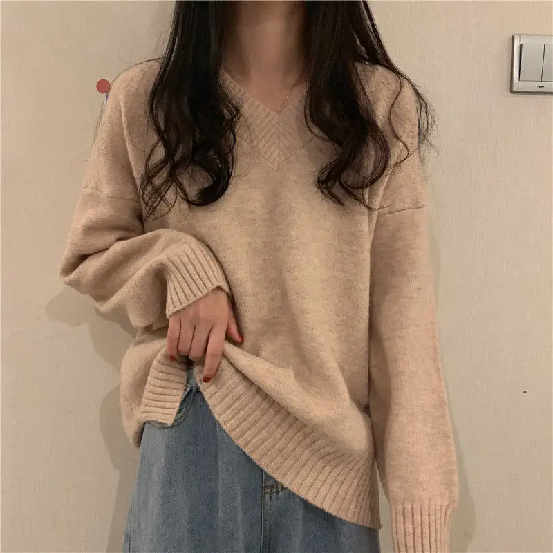 Pullovers Women Daily BF Female Sweater V-Neck Sweet Classic Pure Simple Basic Ulzzang College Knitted Long Sleeve Soft Hot Sale