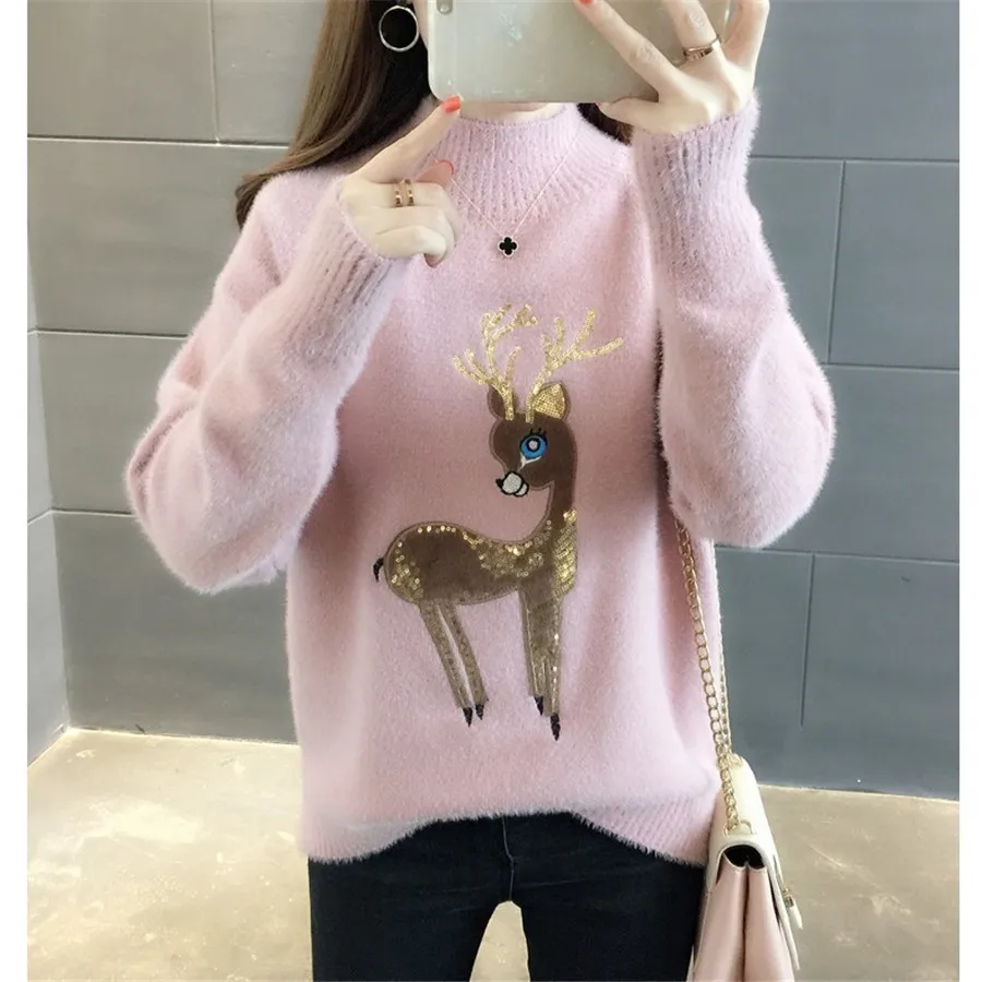 wholesale new autumn winter Hot selling women\'s fashion casual warm nice SweaterCartoon sequins deer sweater