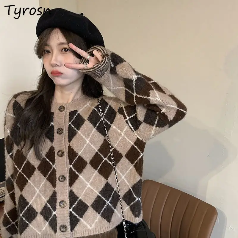 Women Kawaii Argyle Cardigans Spring Autumn American Style Harajuku Streetwear All Match Y2k Leisure Knitwear Sweaters Chic Ins