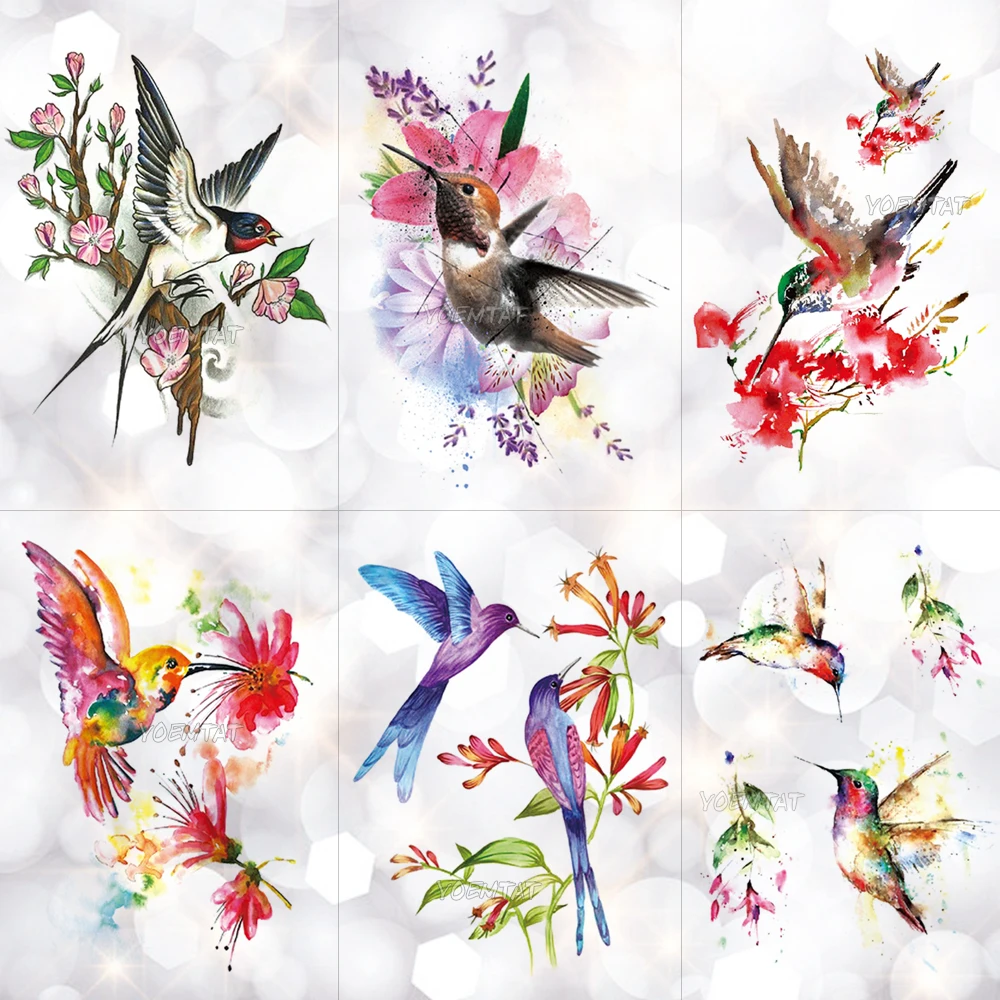 

Hummingbird Flower Watercolor Temporary Tattoo Sticker Plum Blossom Waterproof Tattoos Body Art Arm Fake Tatoo Women Girl