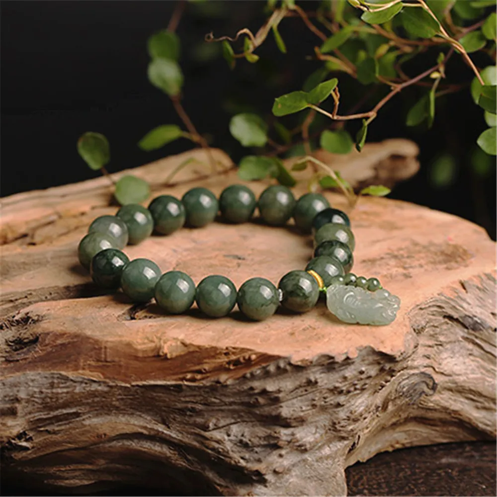 Natural Grade A Jade Jadeite Round Bead With Hand-Carved Pixiu Charm Link Bracelet Men and Women Adjustable Bangle Lucky Jewelry