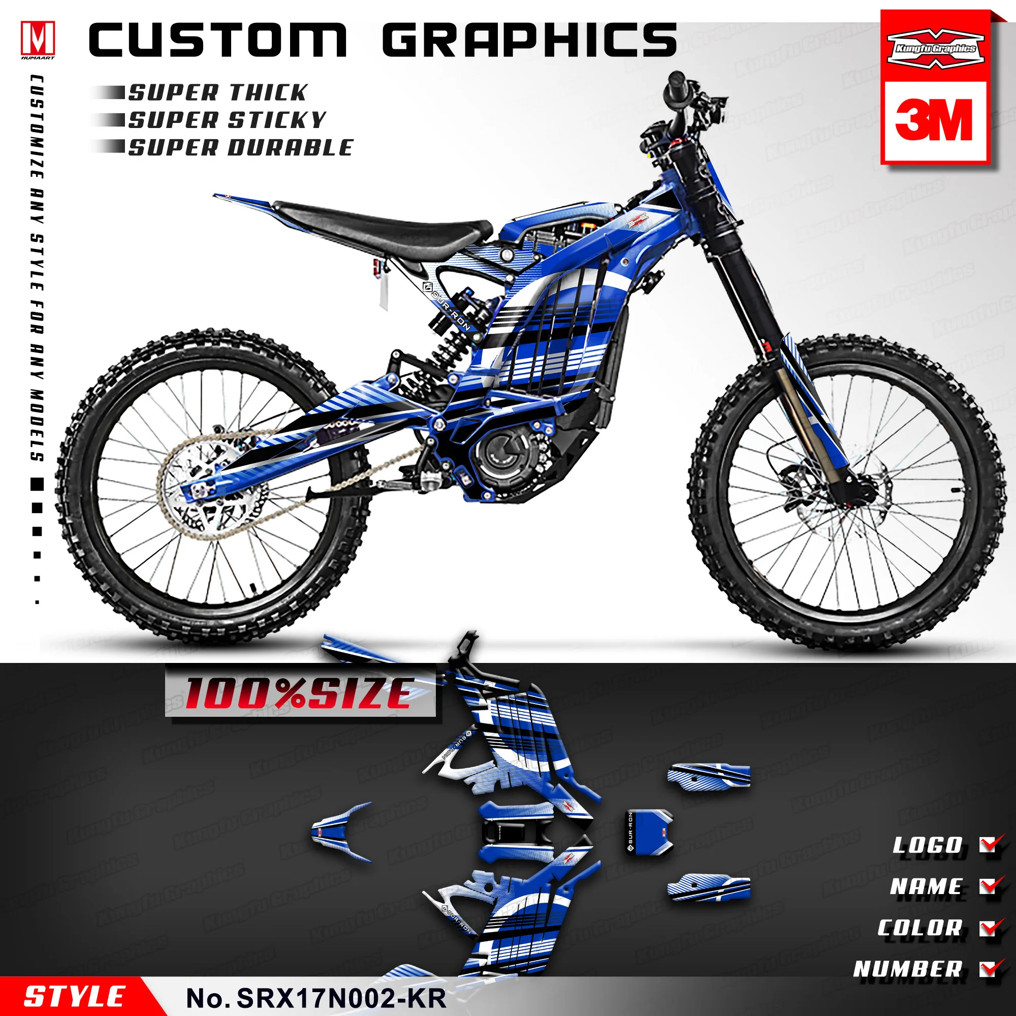 

KUNGFU GRAPHICS Waterproof Vinyls Racing Stickers Decal Kit Wraps for Sur-Ron Light Bee X/S (Style no. SRX17N002-KR),Blue