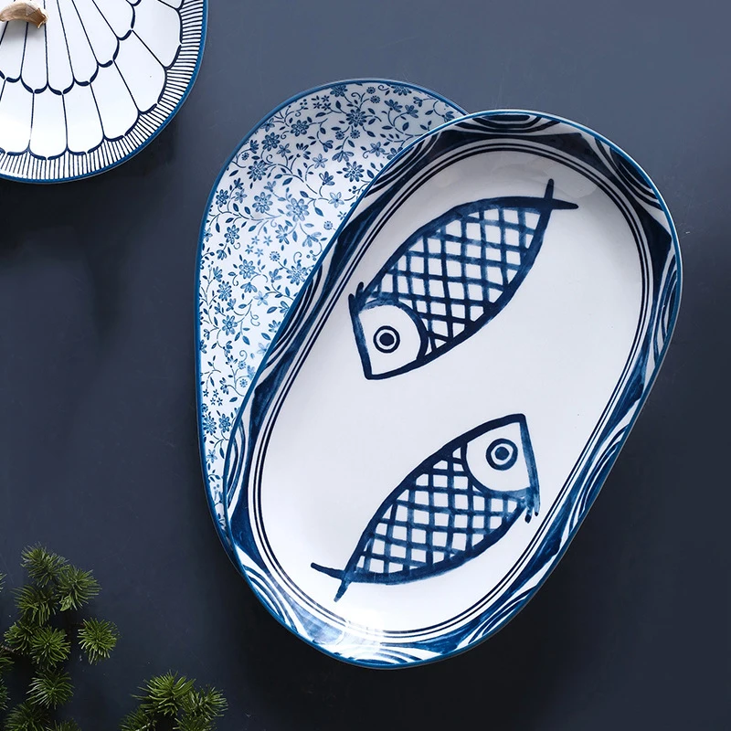 

Porcelain Salad Serving Dishes for Kitchen, Ceramic Dinner Plates, Dishwasher and Microwave Safe, White and Blue, Jingdezhen