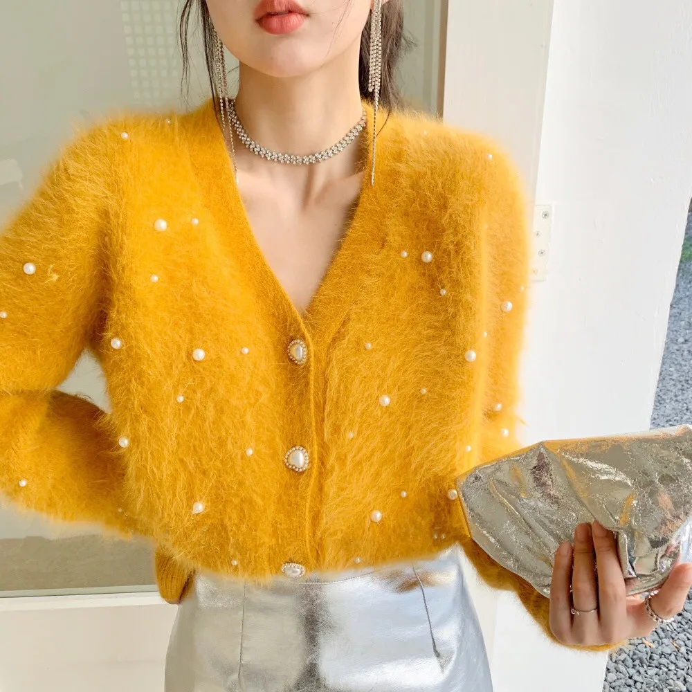 High Quality Korean Autumn Winter Mink Cashmere Sweater Coat Fashion Women V Neck Pink Beading Soft Thick Warm Cardigan Outwear