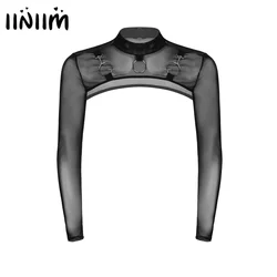 Iiniim Camiseta de cuello simulado para hombre, Top Sexy de Moto, manga larga, decoración de anillo redondo, malla transparente, Top medio corto, ropa de fiesta para discoteca