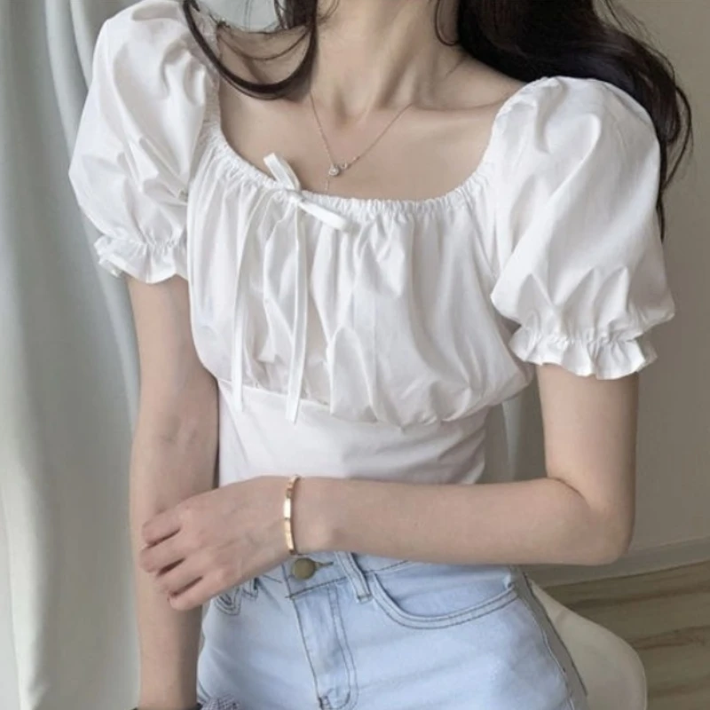 Summer Blouse Womens Sweet Bow Vintage Soft Simple Solid Square Collar Leisure Breathable All-match Fit New Clothing Tops Daily