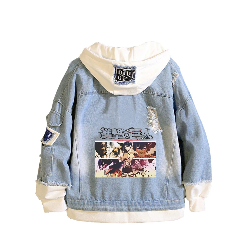 Anime Jeans Jacket Attack On Titan Cartoon Hoodies The Final Season Harajuku Streetwear Fake Two Piece Sweatshirt Denim Coats
