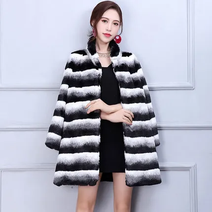 Top brand Stand Women Stripe collar Plus Size Fur Coat N86  high quality