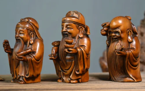 GY032 - 10.5 CM Tall Carved Boxwood Figurine Carving  - Set of 3 Star Gods Sculpture Home Decor