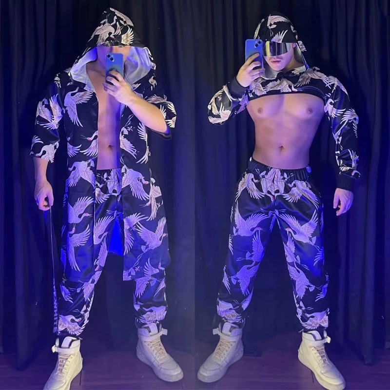 Male Jazz Dance Clothing Men Gogo Dancer Costume Crane Print Suit Hip Hop Clothes Nightclub Bar Party Pole Dance Clubwear XS3144