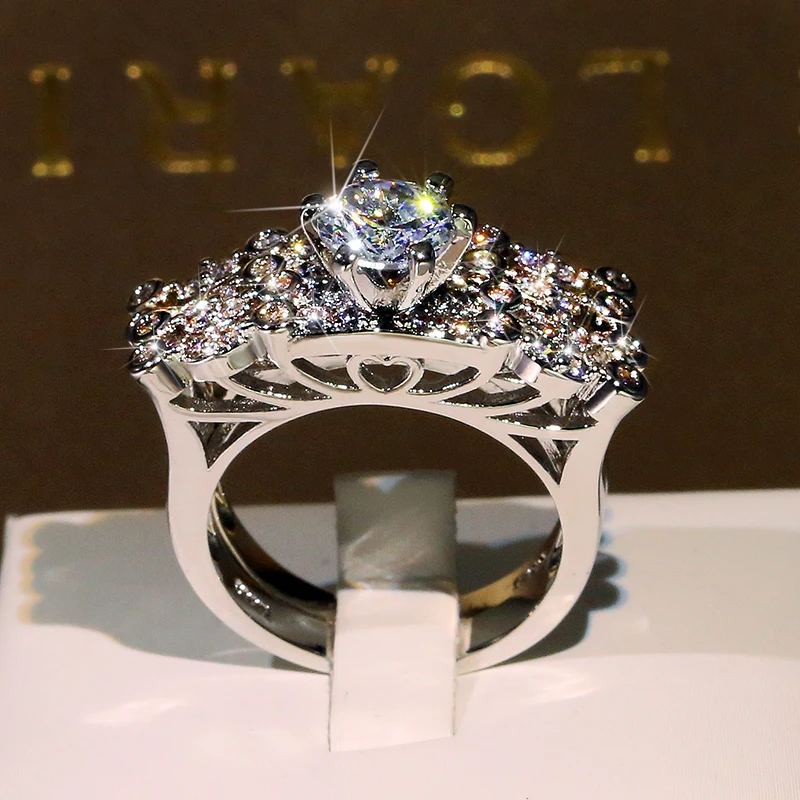 2021 الاتجاه الجديد أنيقة كريستال الجولة الزركون 2 قطعة حلقة مجموعة S925 فضي اللون المشاركة مجوهرات الزفاف للنساء بالجملة #6