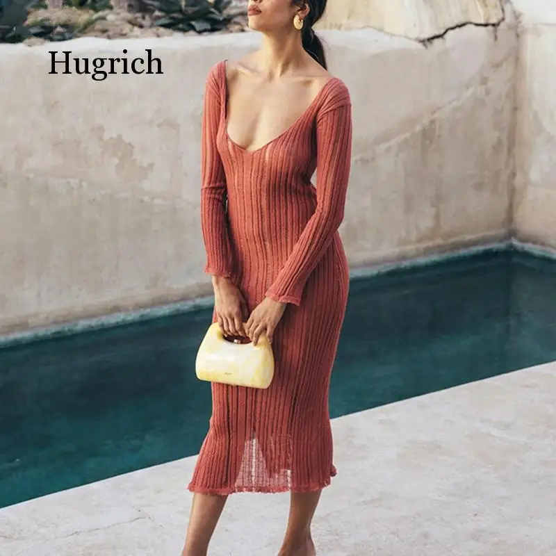 Elegant See Through Knitted Midi Dress for Women Party Club Fashion Long Sleeve Button Up Sexy Dresses Outfits