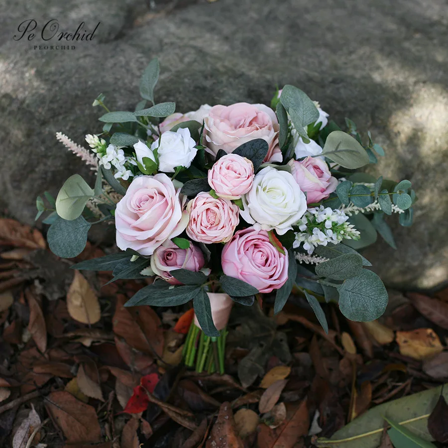 PEORQUID-romântico eucalipto rosa para noiva, buquês de casamento, buquê de flor romântico, rosa empoeirado, estilo artificial Europa