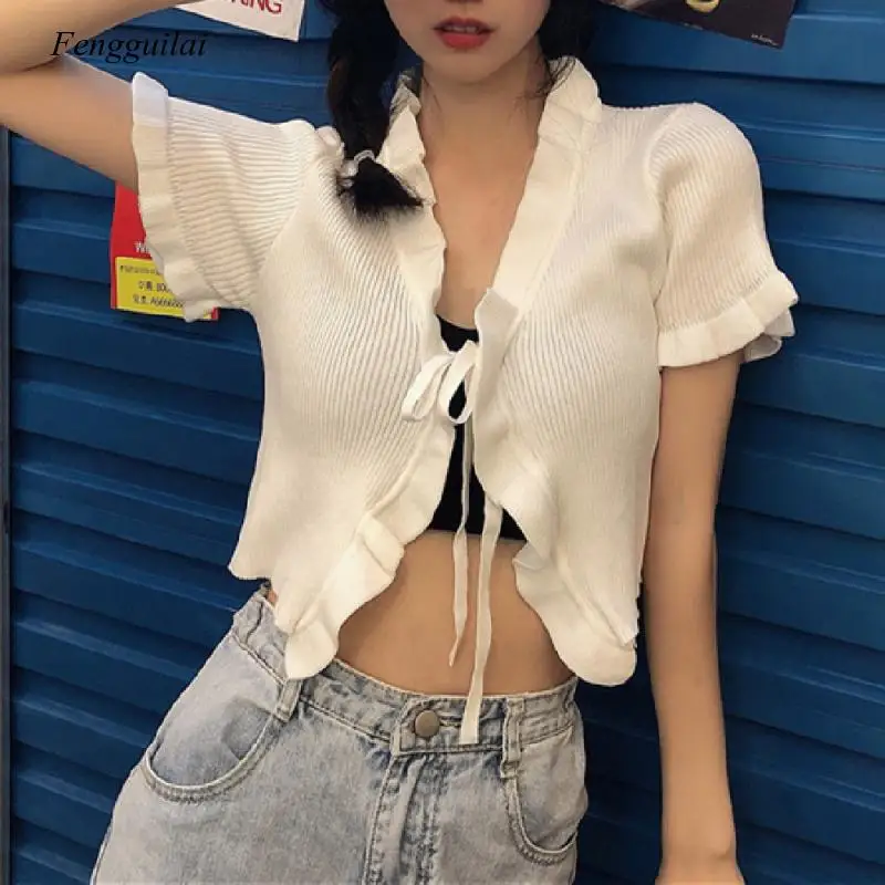 Lace Up T-Shirt Women's 2021 Summer New Sexy V-Neck Ear Edge Open Navel Top