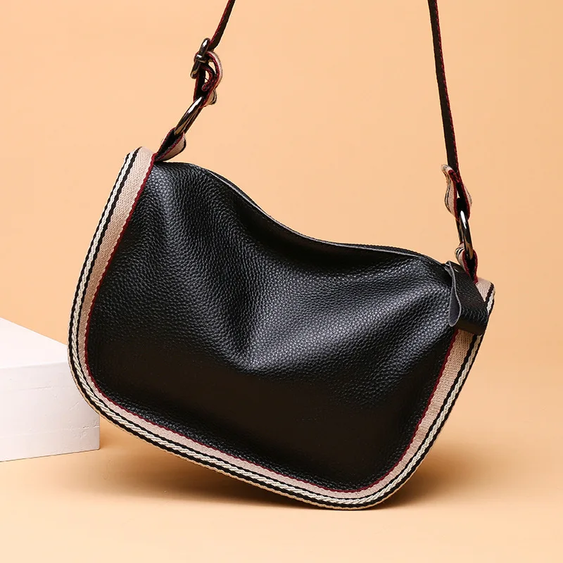 The First Layer Cowhide Bag 2022 New Women's Bag Wide Shoulder Strap Pillow Bag Pure Leather Casual  Shoulder Messenger Bag