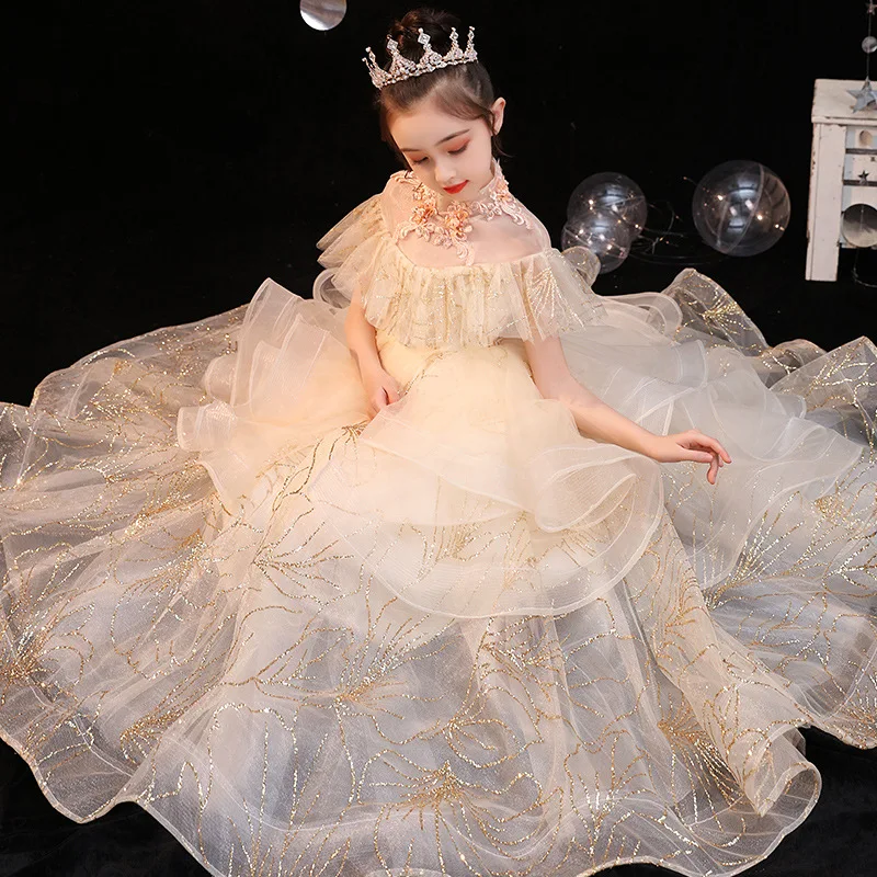 

Champagne Flower Girl Dresses Elegant Lace Applique Cascading Kids Pageant Gowns For Weddings Communion Formal Evening Clothes