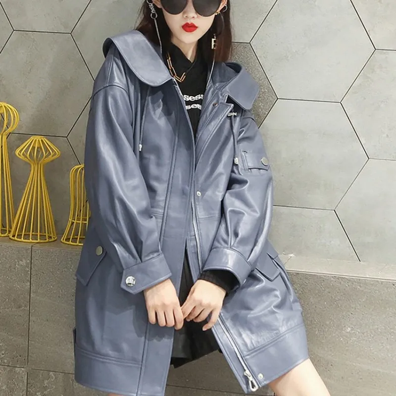 Imagem -06 - Mulheres Soltas Fit Jaqueta de Couro Genuíno Jaqueta Longa Midi Harajuku Hip Hop Solta Outwear Trench Coat Blusão Designer