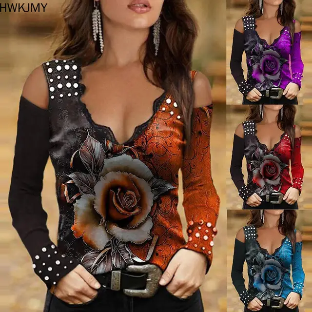 Nowa moda damska luksusowa obcisła koszulka w kształcie róży z nadrukiem kwiatowym Off-Shoulder Rhinestone z długim rękawem luźna odzież XS-5XL