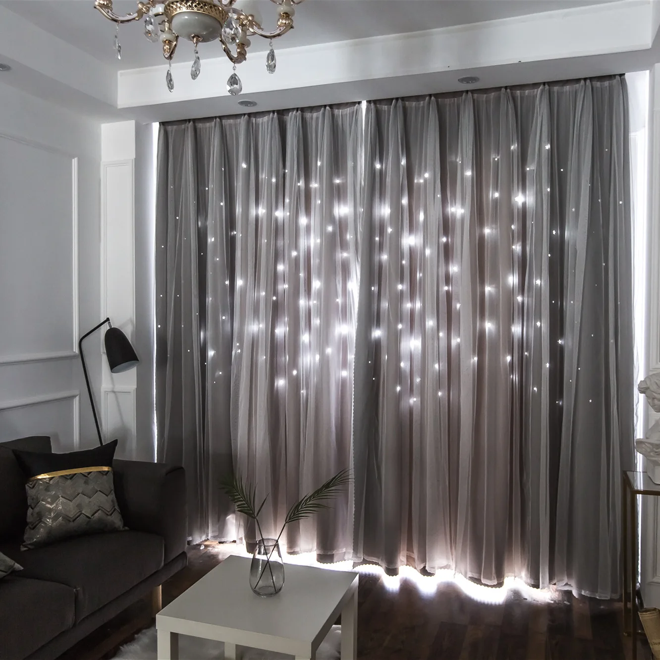 

Custom Made Bright Double Layer Blackout Star Hollow Curtains with Lace Tulle Fabric for Home Living Room Bedroom Window Decor