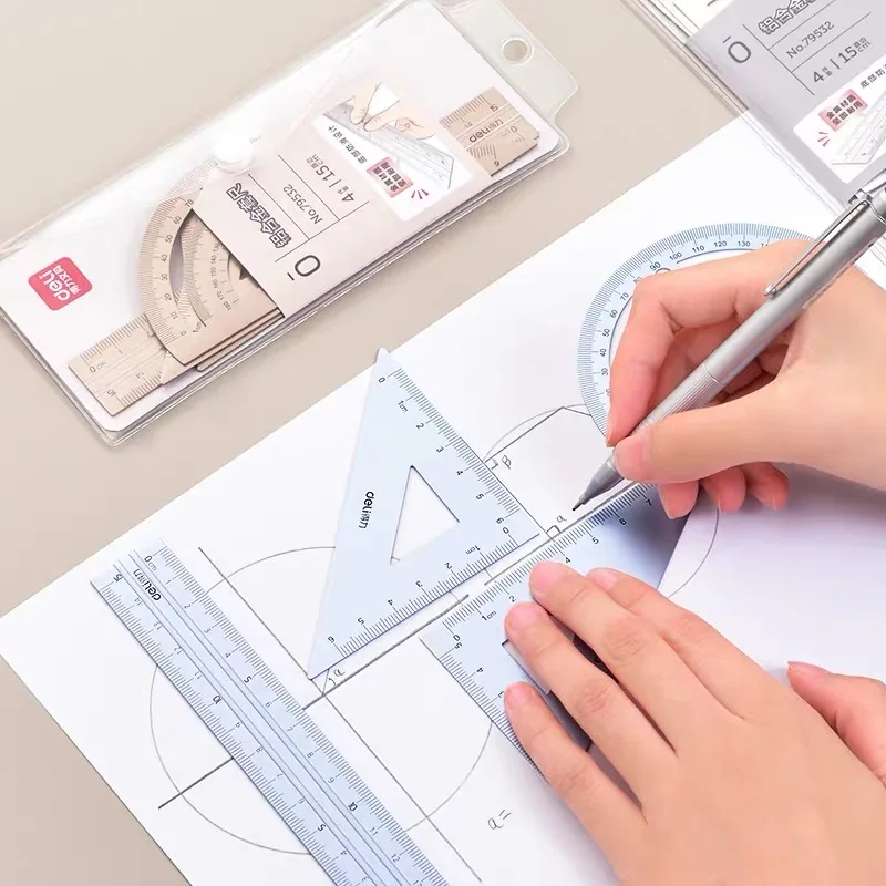 Deli 4pcs/set Aluminium Ruler Set Metal Geometry Maths Drawing compass stationery Rulers mathematical for School