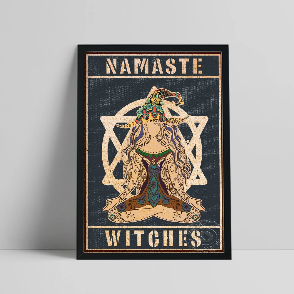 Yoga Hippie Girl Wall Art, Funny Yoga Print Poster, Namaste Witches Canvas Painting, Vintage Meditation Yoga Lovers Wall Picture