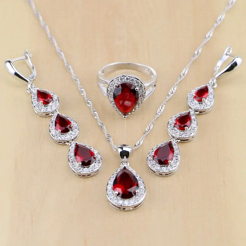 

Mystic Red Zircon 925 Sterling Silver Jewelry Sets Women Wedding Accessories Long Earrings/Pendant/Necklace/Rings T078