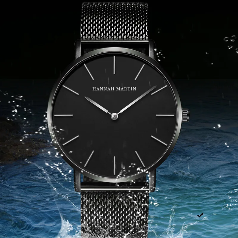 Drop shipping Hannah Martin Waterproof Japan Quartz Movement Stainless Steel Mesh Band Fashion Male Black Rose gold Watches Men