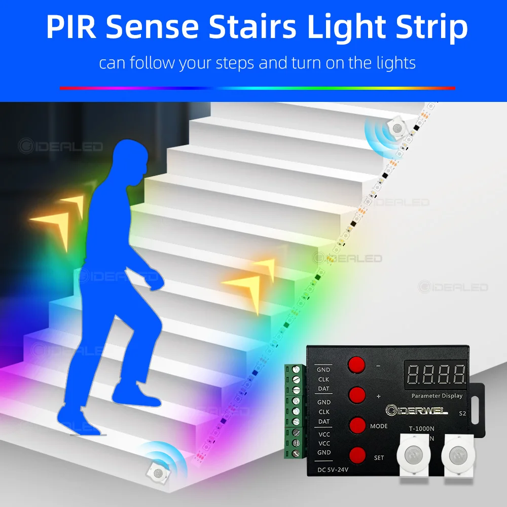 diodo emissor de luz do sensor de movimento luz de tira da escada aerodinamica luz sob o armario luz noturna enderecavel led rgb luzes de tira para a escada 01