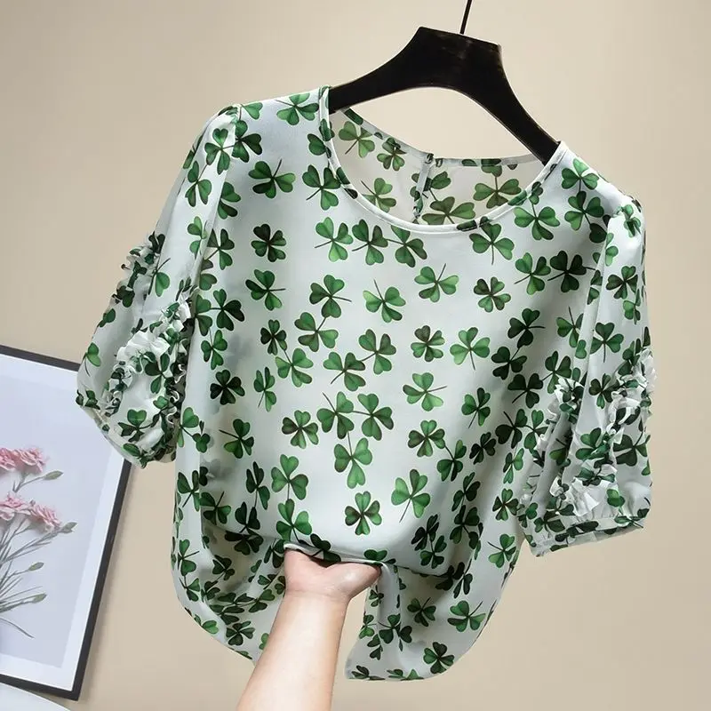 

High-End Chiffon Print Short Sleeve Shirts Women Summer Blouses Loose Temperament All-Match O-Neck Tops Stylish Mujer MM0837