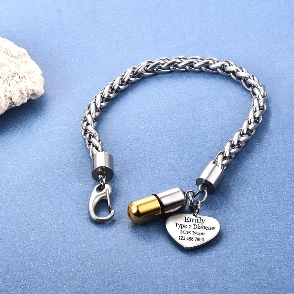Dropship Custom Emergency Medical ID Alert Stainless Steel ID Tags Bracelet Pill Cylinder Holder Custom Medical Alert Bracelet