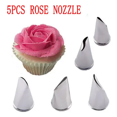 5 pcs Rose Petal Metal Cream Tips Cake Decorating Tools Steel Icing Piping Nozzles Cake Cream Decorating Cupcake Pastry Tool Set