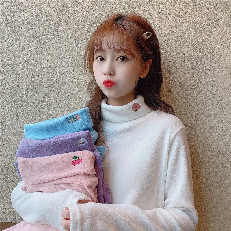 Polar grueso de manga larga para Mujer, Camisetas con bordado pequeño, Top corto, otoño e invierno, 2024