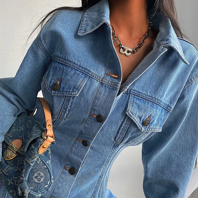 2021 Fall/Winter Women Long Denim Jacket Coat Fashion Slim Pleated Long Sleeve Jeans Jacket Casual Female Clothing S-XL