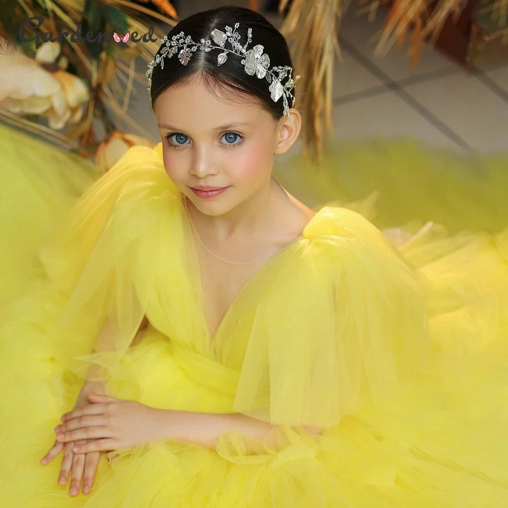 Vestidos rosas de flores para niña, vestidos de tul con capas, vestidos de primera comunión, mangas abullonadas con lazo, vestidos de novia pequeños para boda