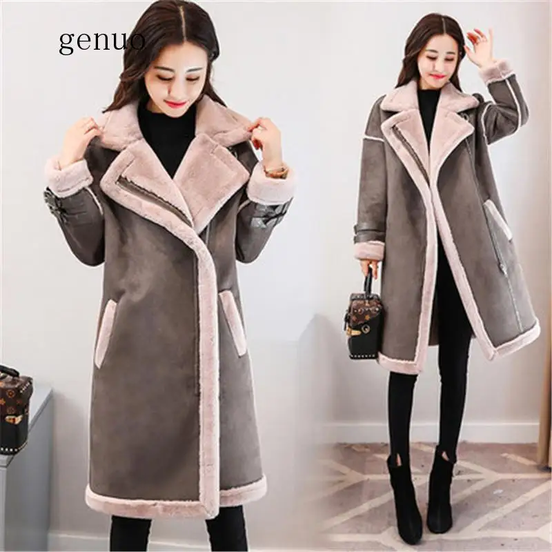 2020 Winter Female Suede Leather Jacket Women Long Deerskin Wool Motorcycle Jacket Thick Lambs Wool Warm Zip Parka Coat