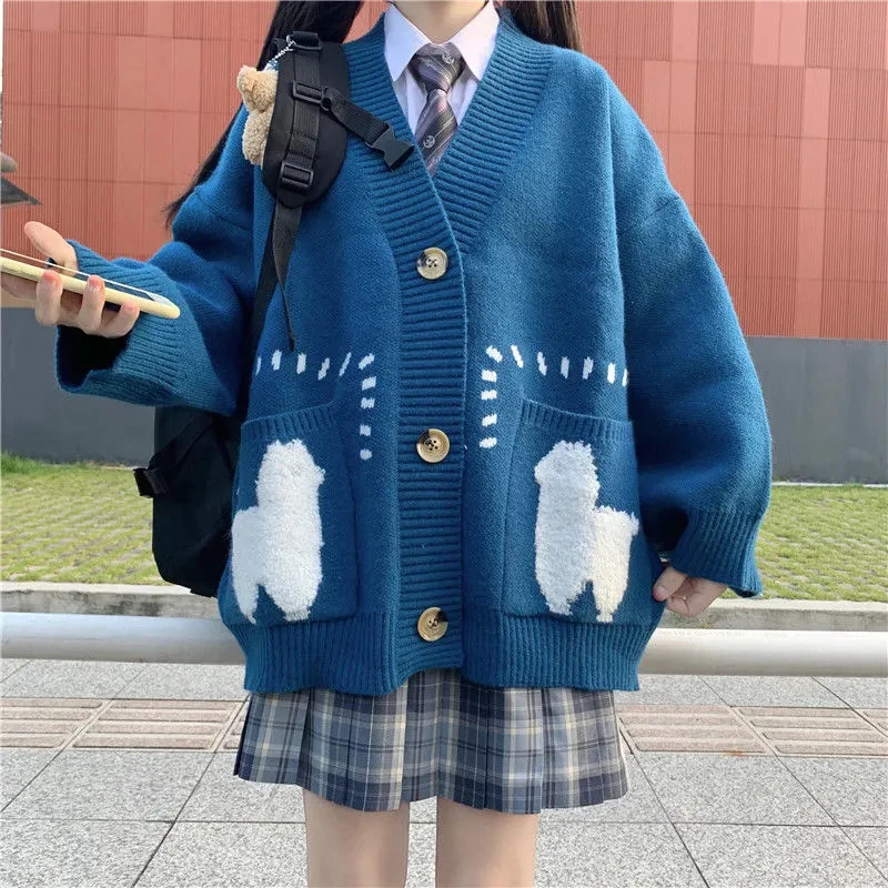 Cute Print Oversized Cardigan Woman Sweater Korean Style Loose Big Pocket Knitted Sweater Autumn Winter V-neck Warm Sweater Coat