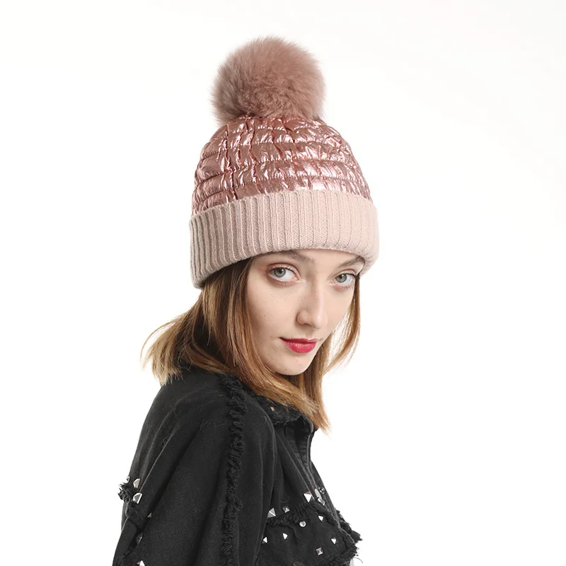 Fox Fur Pompom Beanie Mother Baby Winter Hats For Women Warm Knitted Beanies Cap Real Fur Pompon Hat Bonnet 3