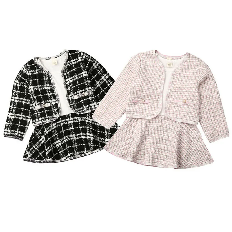 Pudcoco US Stock 6M-5T 2PCS Baby Spring Autumn Clothing Baby Girl Pageant Plaid Coat & Tutu Dress Party Outfits Fashion Clothes