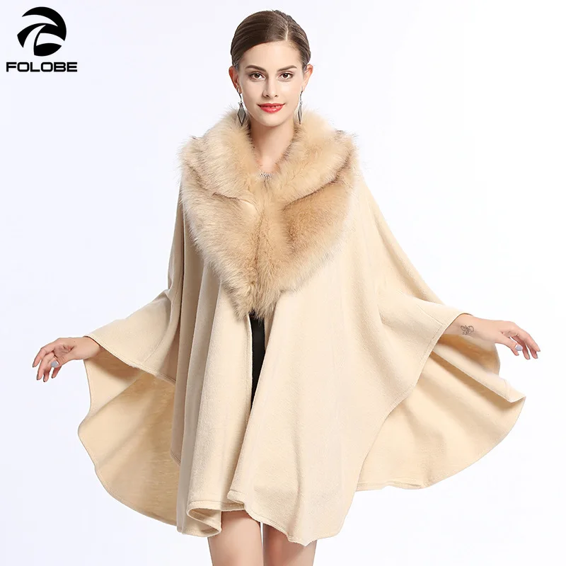 

FOLOBE Women Loose Plus Size Solid Coat Pashmina Knitted Shawl Women Faux Fox Fur Collar Fake Cashmere Loose Poncho Cape Sweater