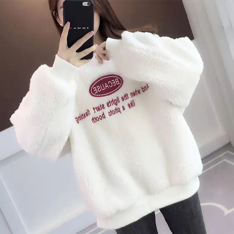 Inverno Coreano Mulheres Hoody Camisola Harajuku Bordado Letras Porque Vermelho O-pescoço Solto Mangas Compridas Moda Pullover Feminino