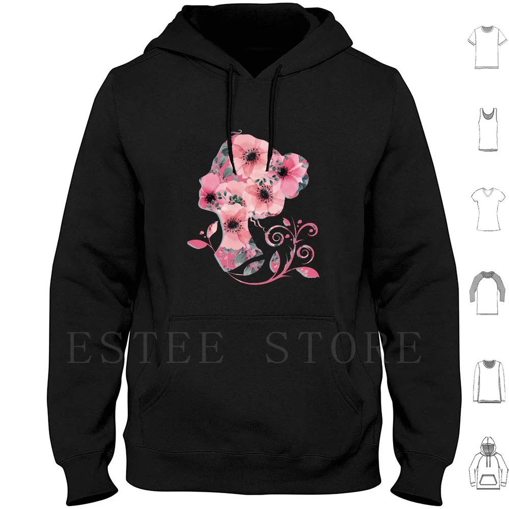 Flower-Filled Silhouette Of A Woman's Face Hoodie Long Sleeve Womens Silhouette Shadow Flowers Face Hair Pattern Pink