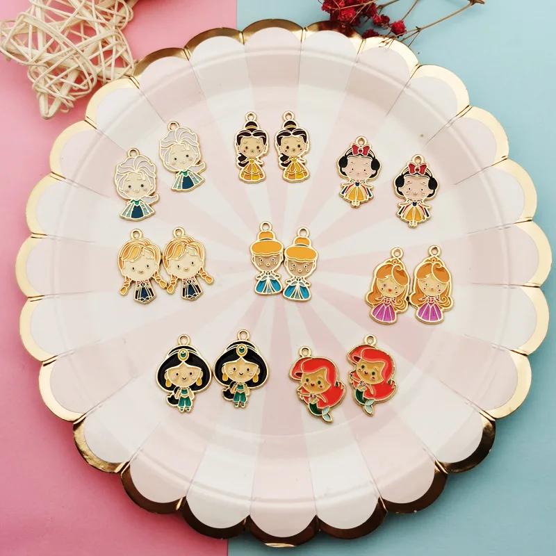 10pcs/pack Girl princess mermaid Enamel Charms  Metal Gold Pendants Handmade Craft Charms for Jewelry Making