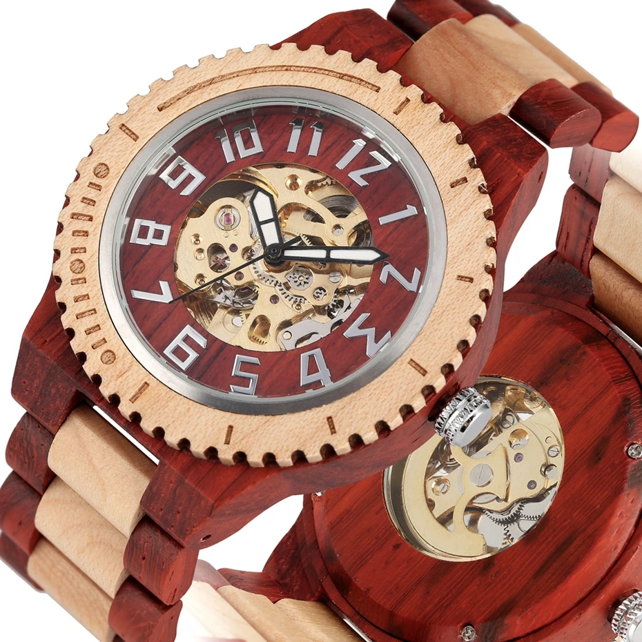 Vintage Red Wood Watch Mens Automatic Mechanical Wristwatches Wooden Band Watch Simple Round Dial Luxury Watch Relogio Masculino